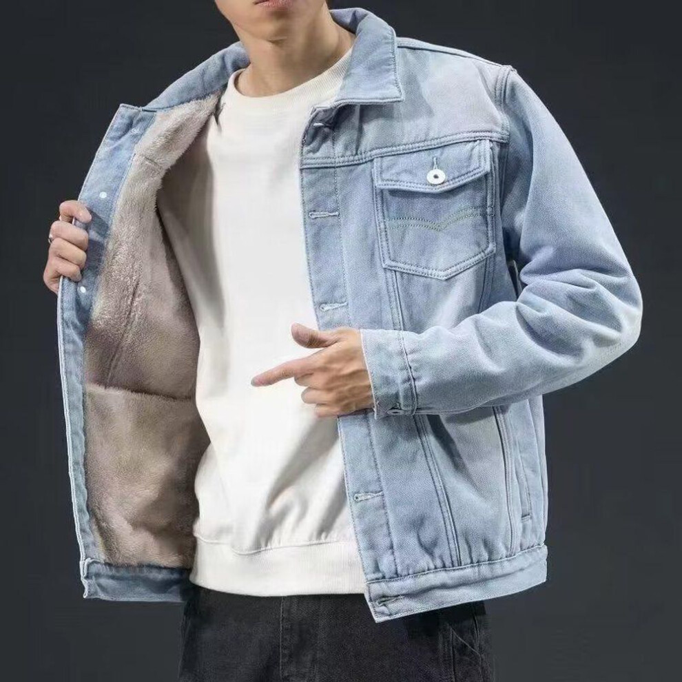 (light blue, L) Men's Warm Plush Denim Jacket - Autumn/Winter Lambskin Casual Cotton-Padded Jacket