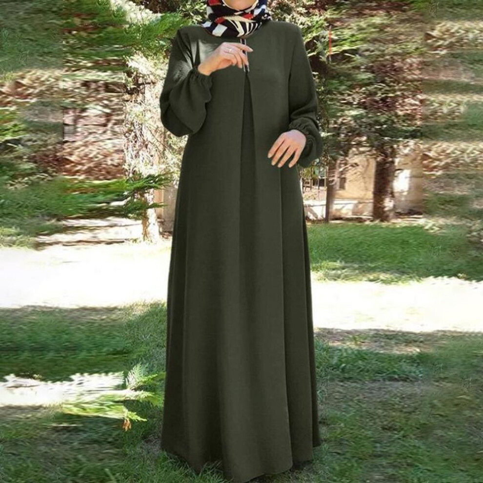 (army green, L) "charming Autumn Plus Size Modest Skirt: Loose, Long-sleeved, Round-neck Robe Dress