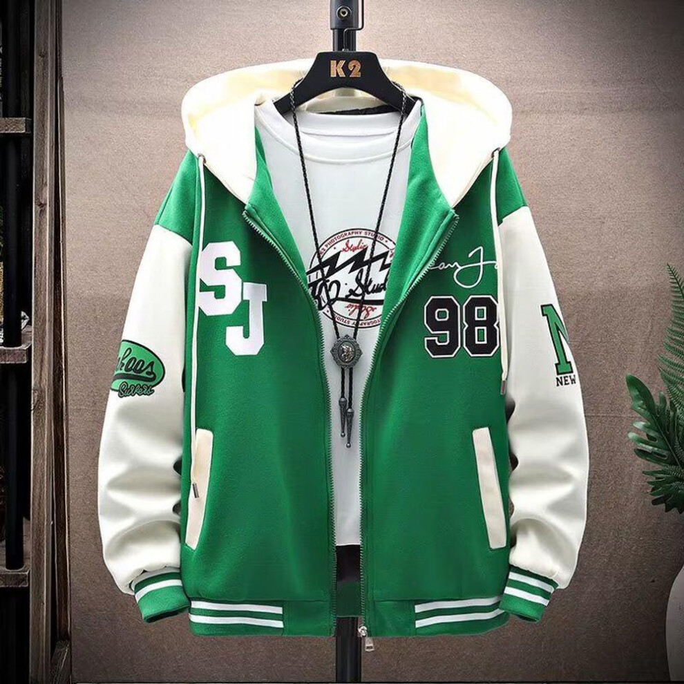 (green, Extra Extra Large (XXL)) 2023 Autumn Youth Color Block Hooded Zipper Cardigan for Junior High School Students - Men's Thin Jacket Sweater