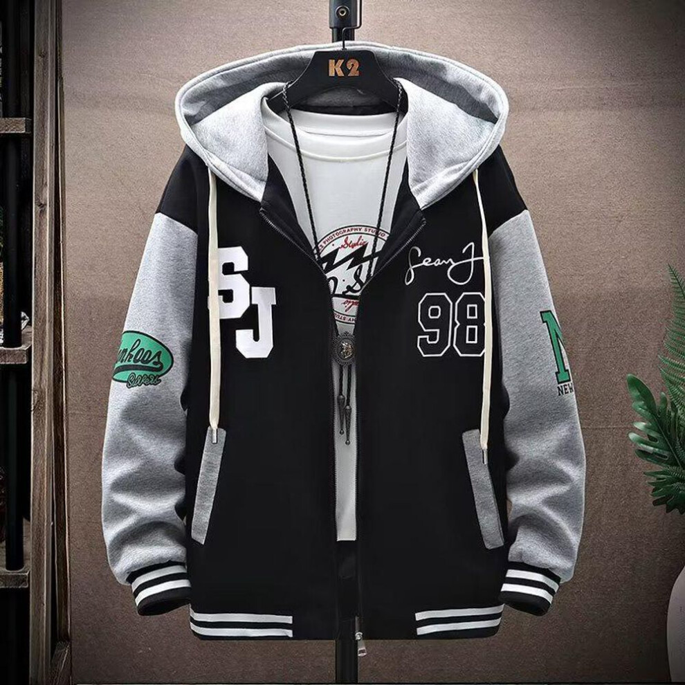 (black, Extra Extra Extra Large (XXXL)) 2023 Autumn Youth Color Block Hooded Zipper Cardigan for Junior High School Students - Men's Thin Jacket Sweater