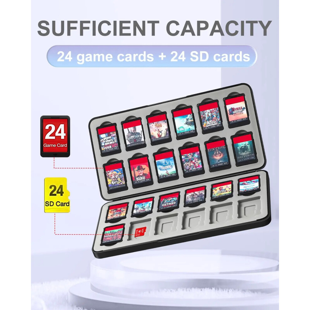 (Black) Switch Game Holder Case with 24 Cartridge Slots and 24 Micro SD Card Storage Portable Game Organizer Travel Switch Accessories