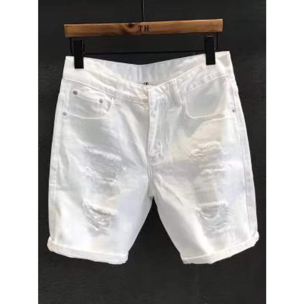 (white, 32) Men's Casual Ripped Denim Shorts – Loose Fit, Summer Style