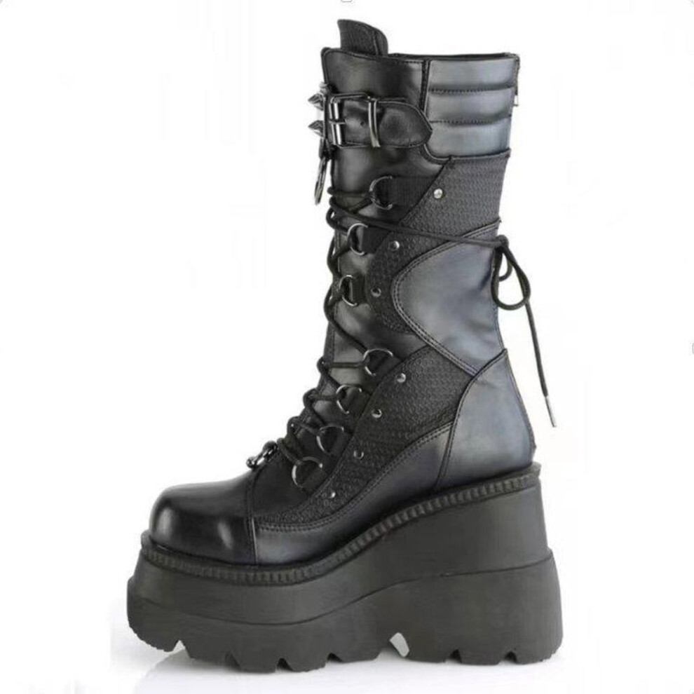 (black, 40) 2022 Women's Punk Style Wedge Heel Knight Boots, Large Size, Thick-Soled Mid-Tube, European & American Design