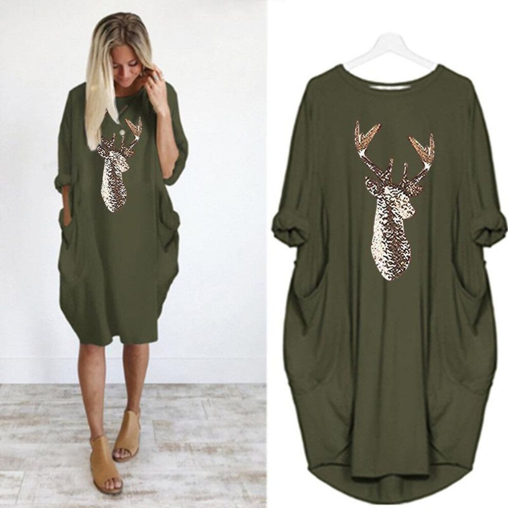 (army green, 3XL) "new European & American Christmas Round Neck Print Women's Plus Size Dress