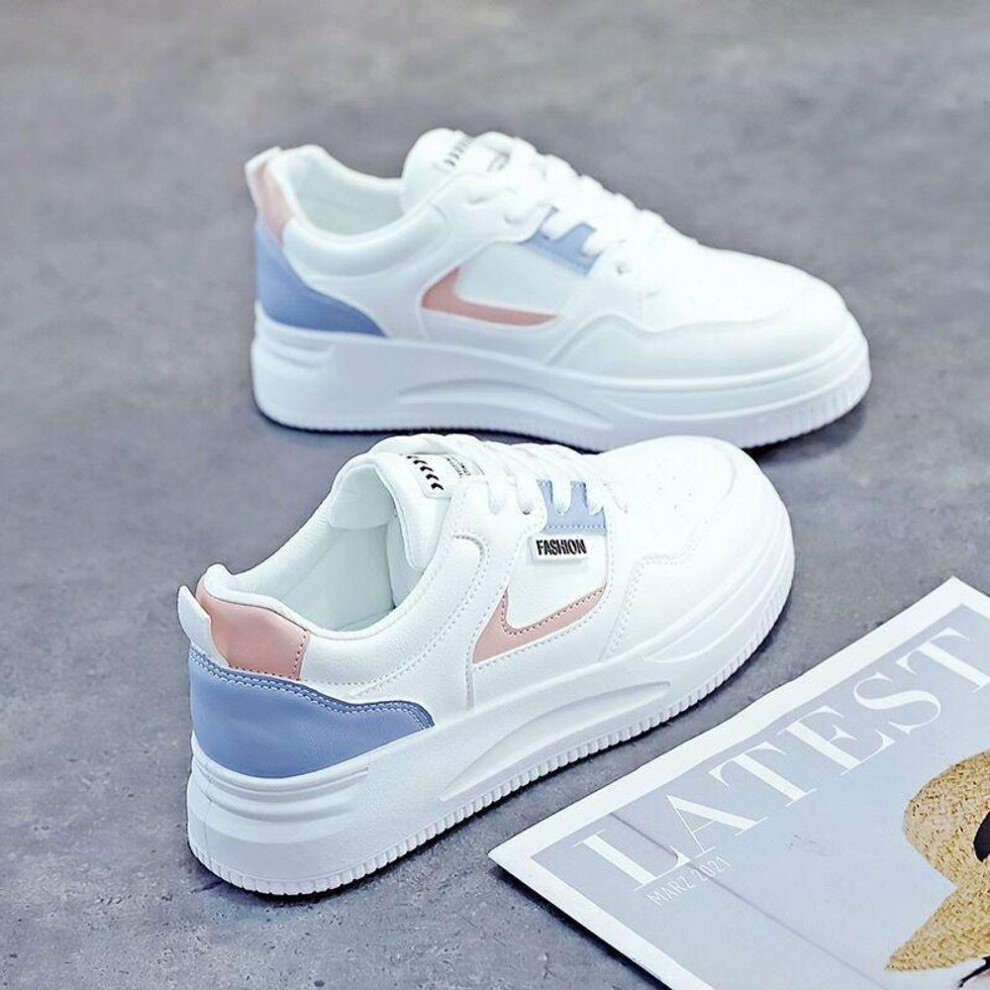 (sky blue, 38) "New Women's All-Match Korean Casual Round Toe White Flat Sports Shoes - Thick-Soled 2025