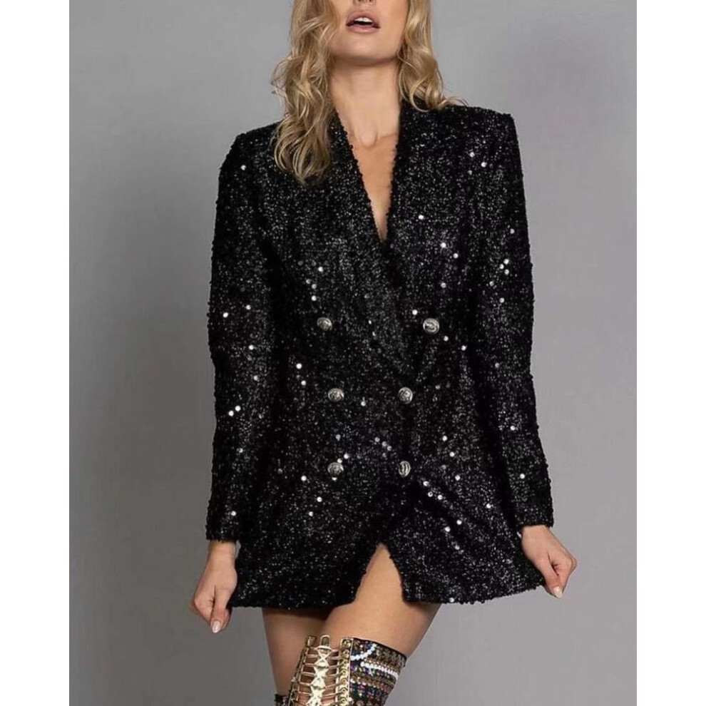 (black, 2XL) "european & American Fashion Double-breasted Black Sequin V-neck Slim Long Suit Jacket