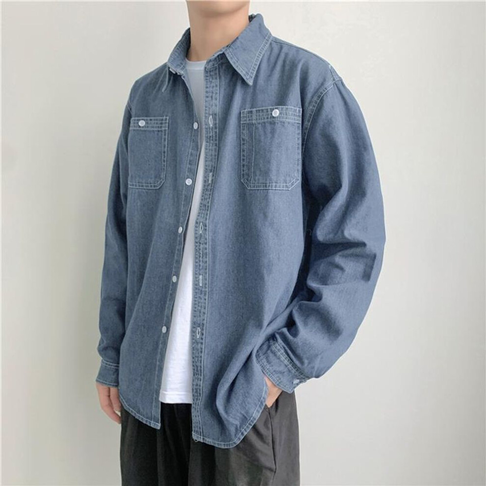 (light blue, M) Japanese Long-sleeve Denim Work Shirt 2023 - Thin Washed Casual Jacket For Men