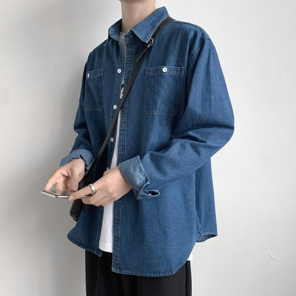 (dark blue, XXXL) Japanese Long-Sleeve Denim Work Shirt 2023 - Thin Washed Casual Jacket for Men