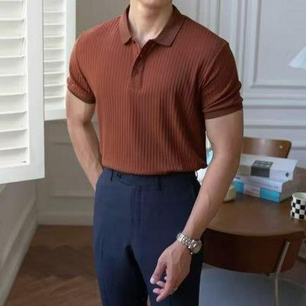 (coffee, XL) "Men's Slim Fit Elastic Polo Shirt - Short Sleeve, Breathable Summer White T-Shirt with Lapel