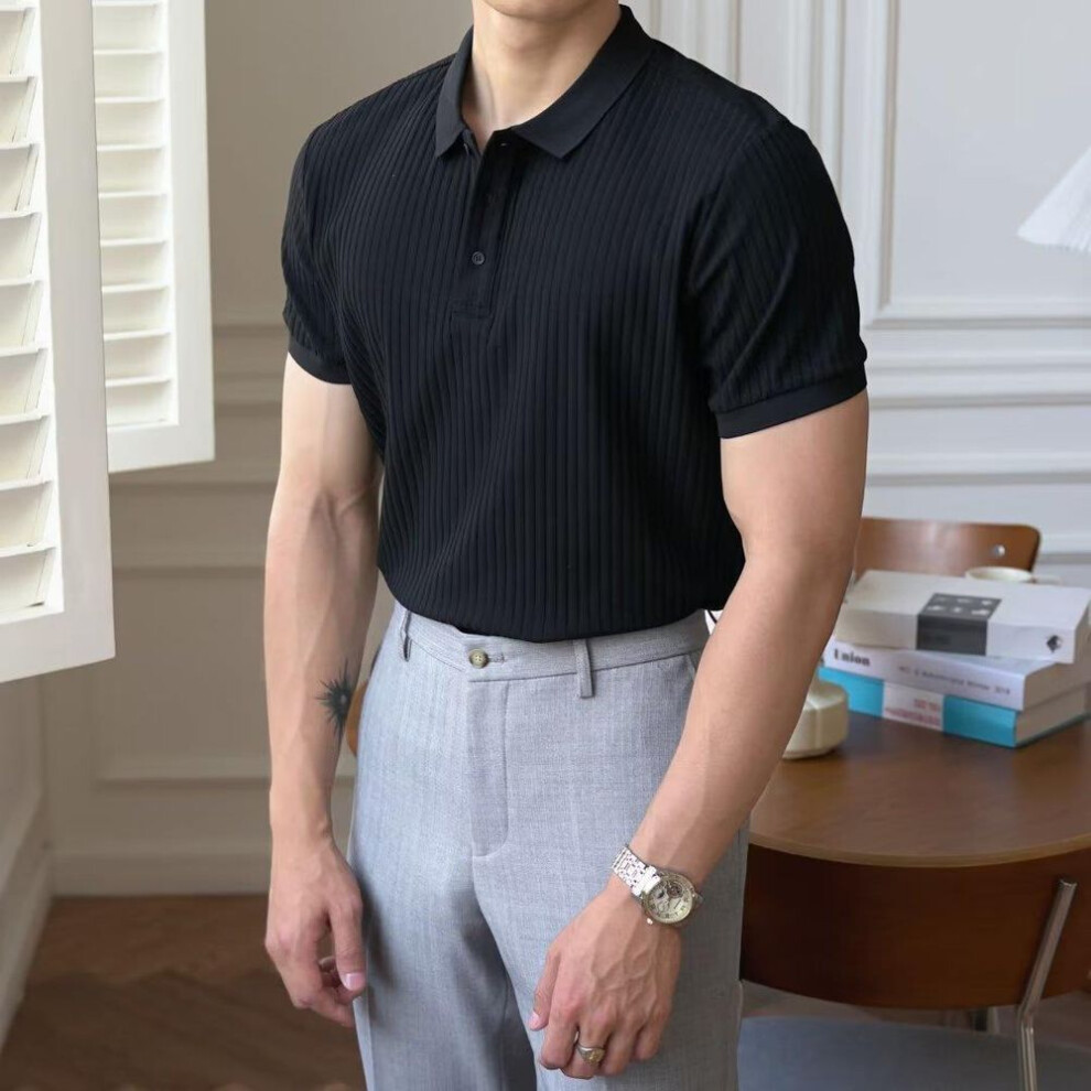 (black, XL) "Men's Slim Fit Elastic Polo Shirt - Short Sleeve, Breathable Summer White T-Shirt with Lapel