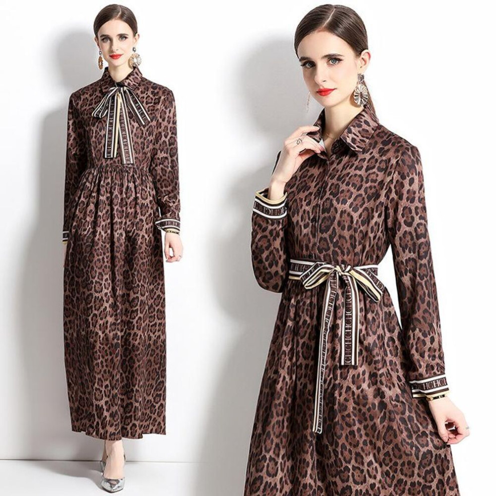 (Large) "European & American Leopard Print Waist-Slimming Dress with Belt - Spring/Summer Fashion