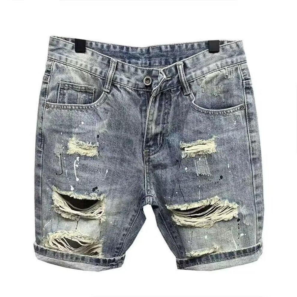 (light blue, 36) "trendy Loose-fit Ripped Tassel Denim Shorts With Chic Industrial Vibes