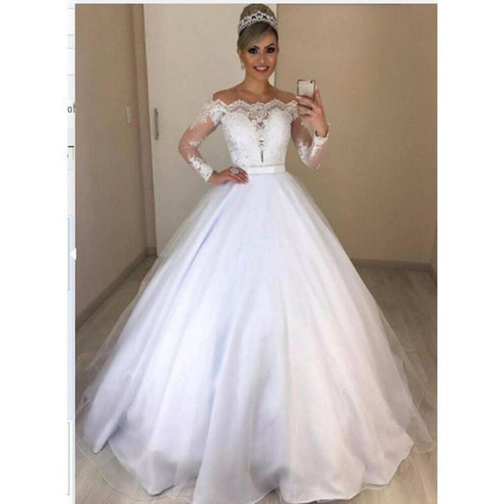 (white, XXXL) "2025 Elegant One-shoulder V-neck Slim European & American Wedding Dress With Fluffy Lace Train