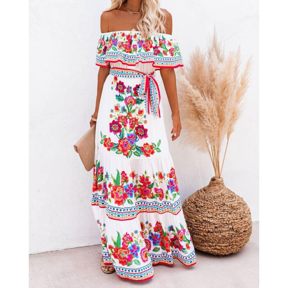 (white,red, XXL) "2023 European & American One-Shoulder Red Flower Print Long Swing Dress for Women