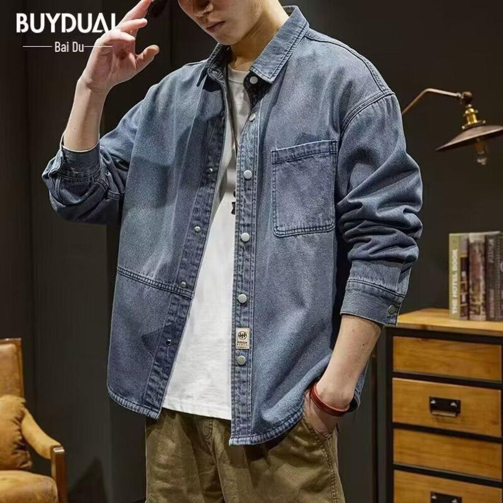 (light blue, Medium) Men's Long Sleeve Korean Style Denim Shirt - Trendy High-end Loose-fit Japanese Casual Jacket