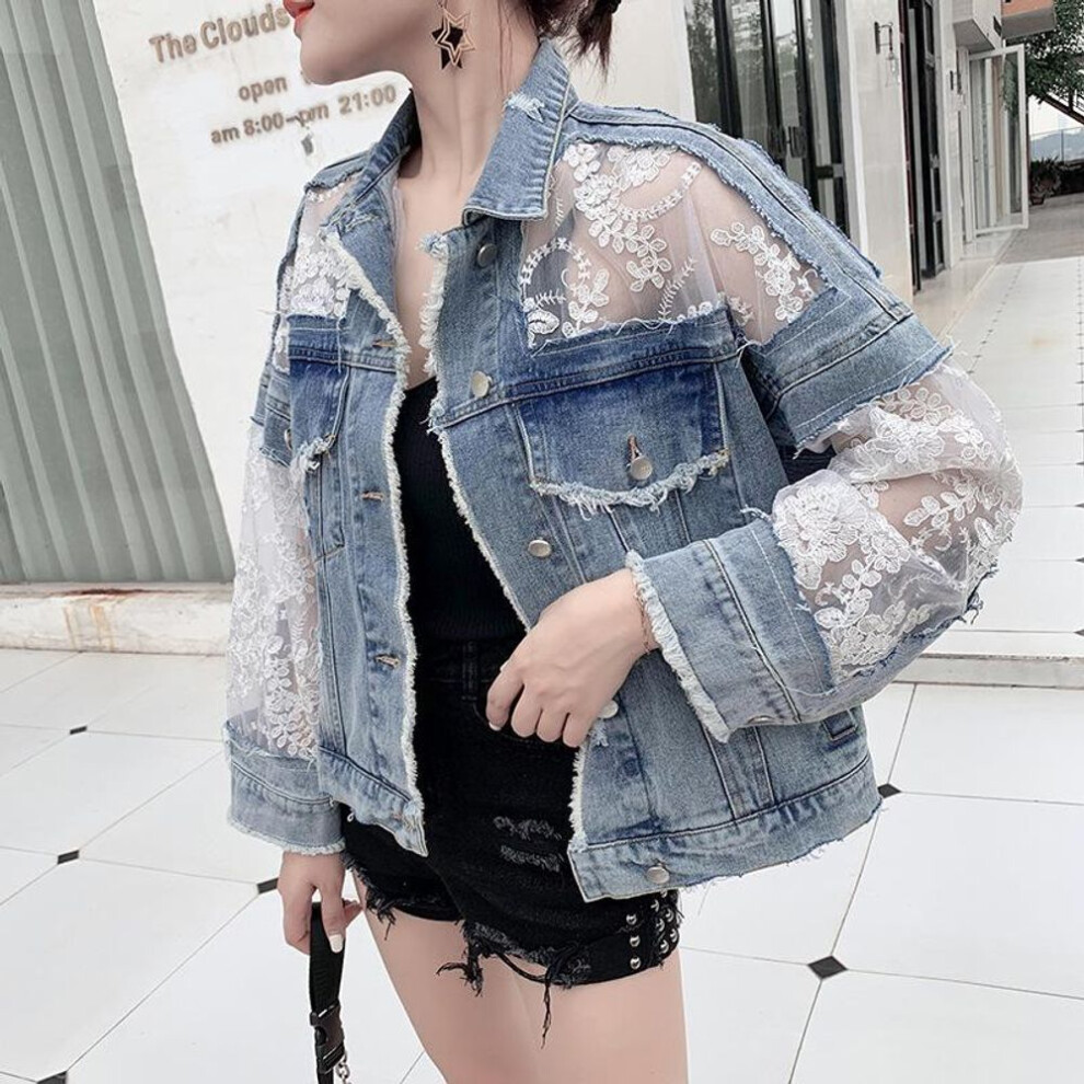 (light blue, Small) "2023 Women's Embroidered Lace Mesh Sun Protection Jacket - Versatile, Layered, See-through Design