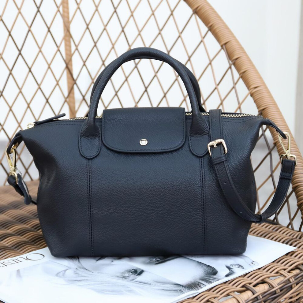 (black, 38L x 15W x 20H CM) New Style Genuine Cowhide Leather Women's Large Capacity Hand-Held Boston Bag