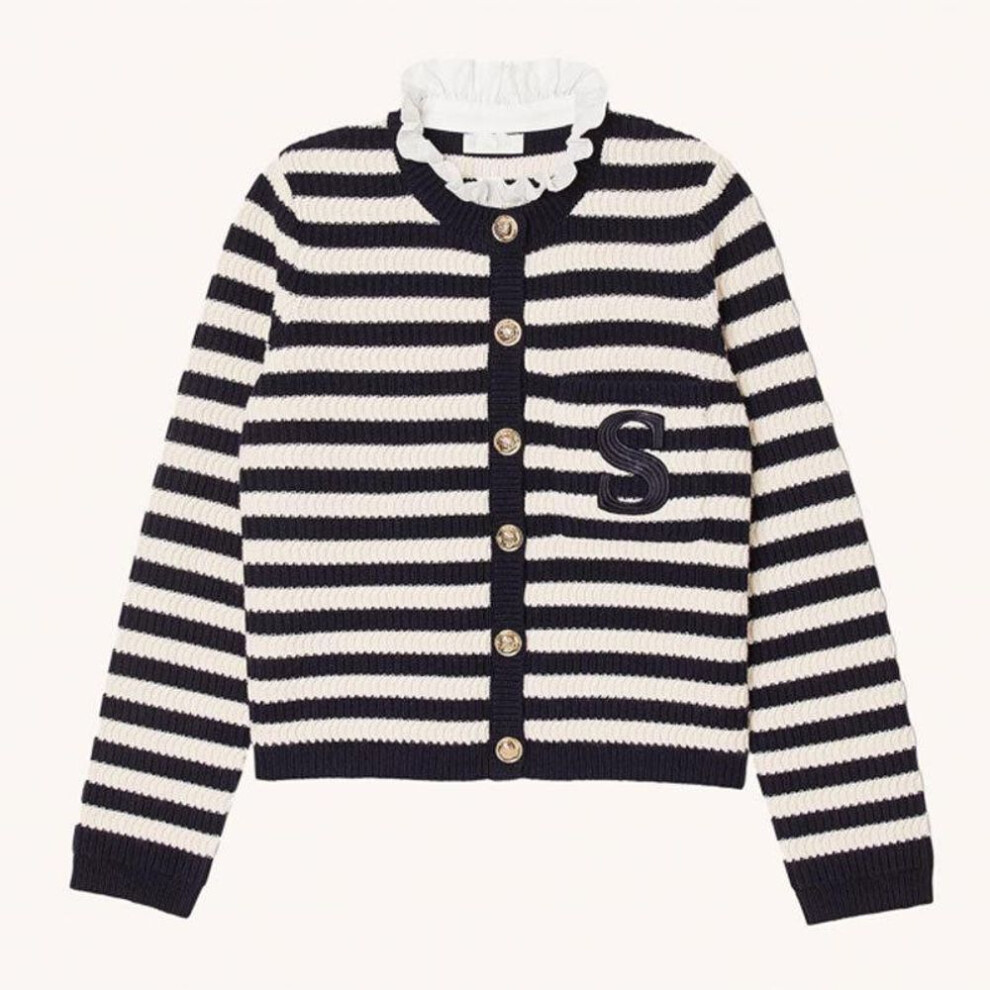 (black, Medium) "2023 Autumn/Winter Women's Striped Knitted Cardigan with Lotus Leaf Collar - Elegant Small Fragrance Style Wool Sweater