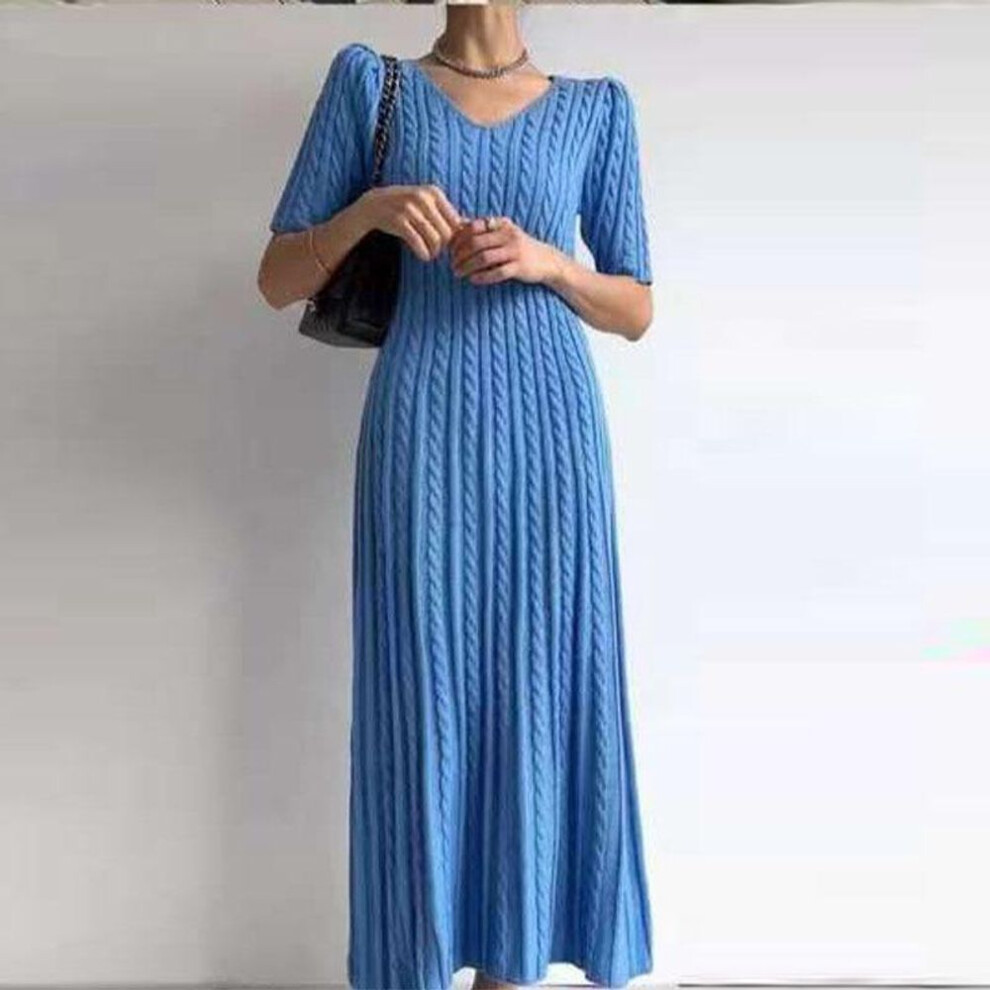 (blue, One Size) Dongdaemun Summer V-neck Knitted Dress - Women's Fashion Short-sleeve Mid-length.