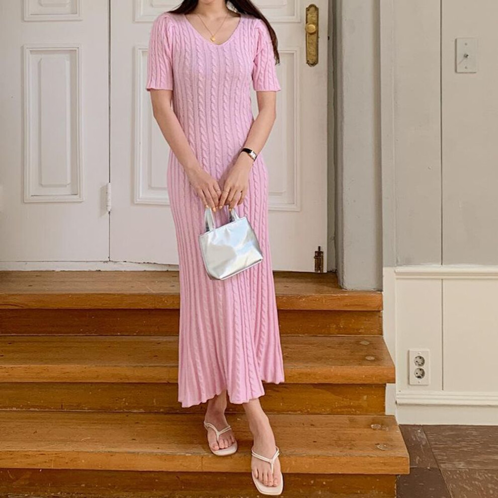 (pink, One Size) Dongdaemun Summer V-neck Knitted Dress - Women's Fashion Short-sleeve Mid-length.