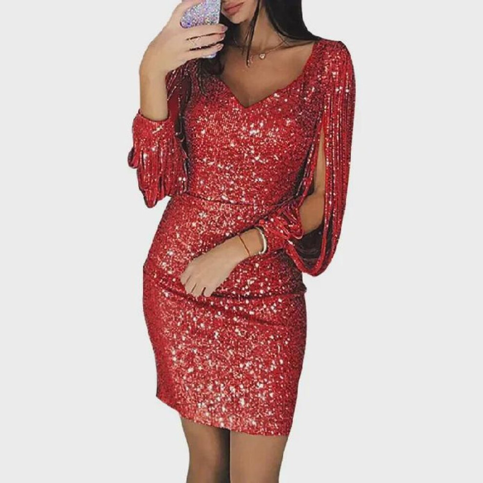 (red, L) "Sexy Sequin Tassel Long Sleeve Nightclub Party Dress
