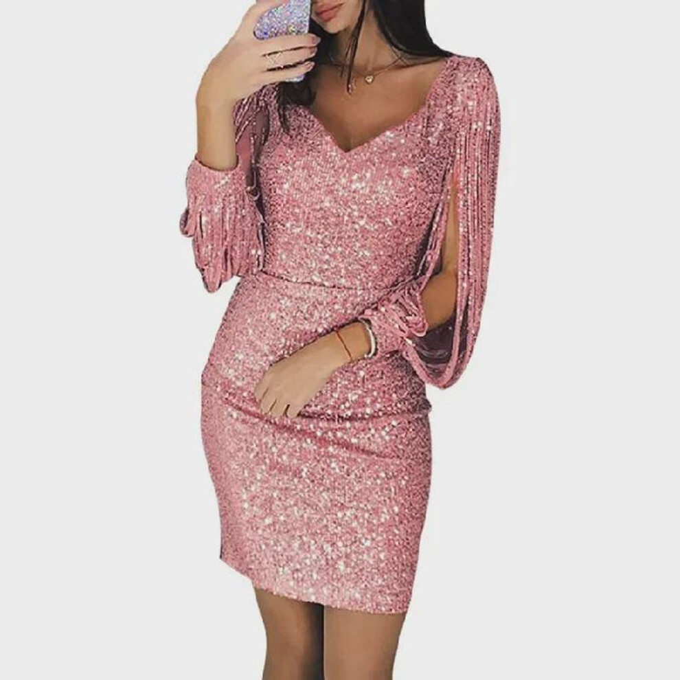 (pink, M) "sexy Sequin Tassel Long Sleeve Nightclub Party Dress
