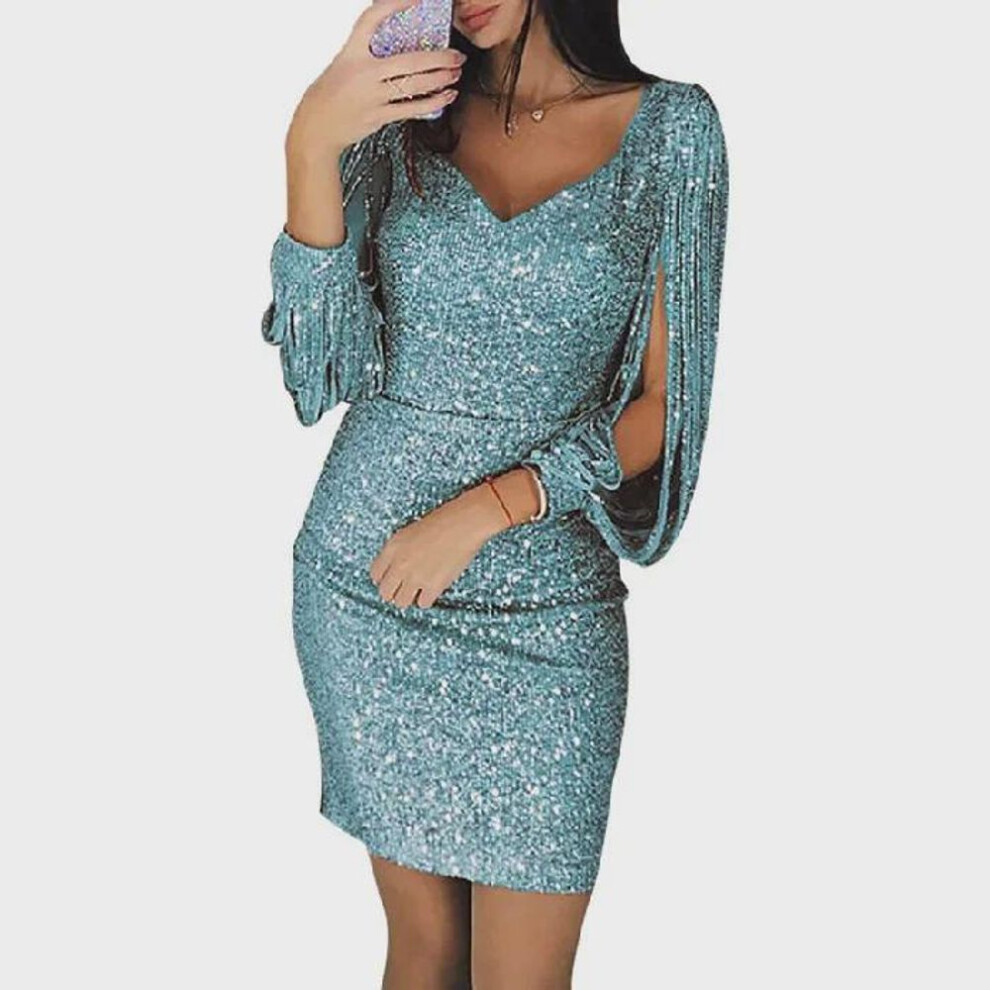 (light green, L) "sexy Sequin Tassel Long Sleeve Nightclub Party Dress