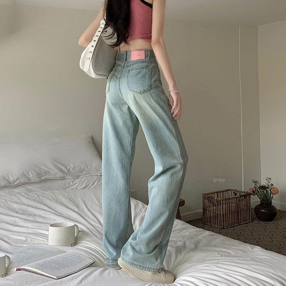 (light blue, XL) Women's Plus Size Pink Leather High-waisted Wide-leg Jeans - Fashionable Loose-fit Straight Trousers
