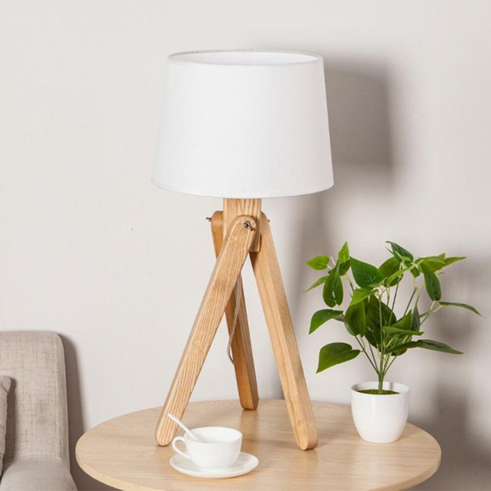 (Desk Lamp [Linen Shade + Warm Light]) Nordic Style Wooden Tripod Floor Lamp - Triangle Standing Lamp For Living Room Or Bedroom