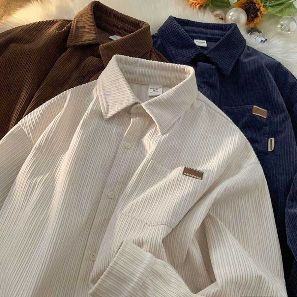 (beige, L) Men's Retro Corduroy Long-Sleeve Shirt - College Style, Autumn/Winter, Loose Fit, Trendy Casual Jacket