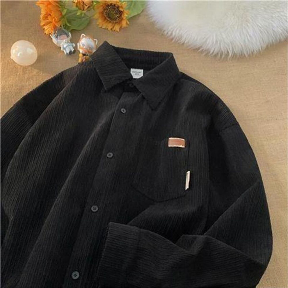 (black, L) Men's Retro Corduroy Long-Sleeve Shirt - College Style, Autumn/Winter, Loose Fit, Trendy Casual Jacket