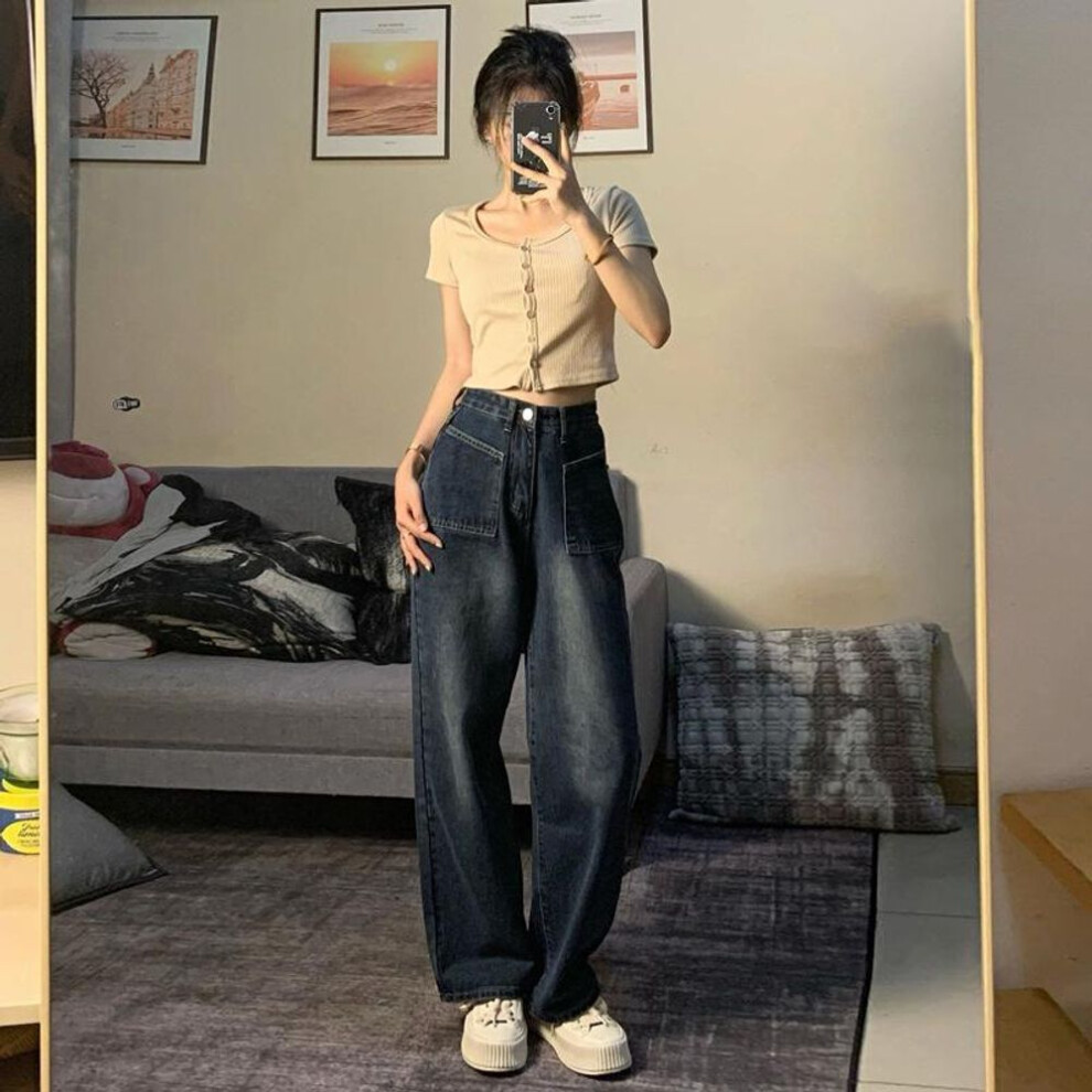 (blue,gray, Large) "American-Style High Waist Wide-Leg Jeans for Women - Slim, Loose, Straight Trousers with Large Pocket Detail