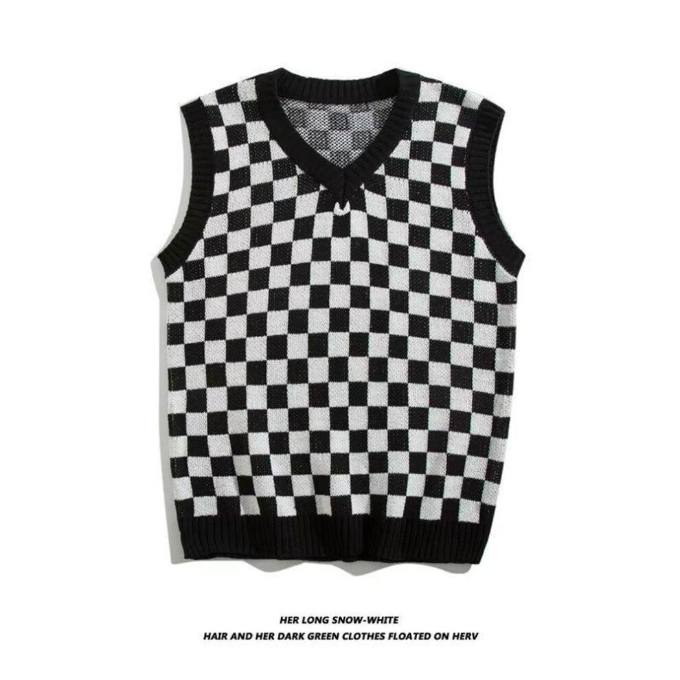 (black, 2XL) Men's British College Style Retro Plaid V-neck Vest - Autumn/winter Black & White Sweater