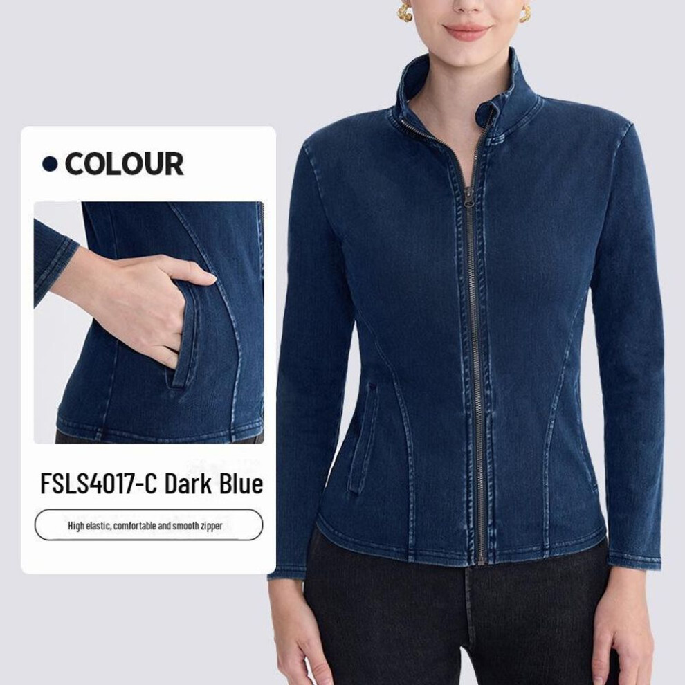 (dark blue, Small) Women's Slim Fit High-collar Denim Yoga Jacket With Zipper And Double Pockets - Spring/summer Activewear Top