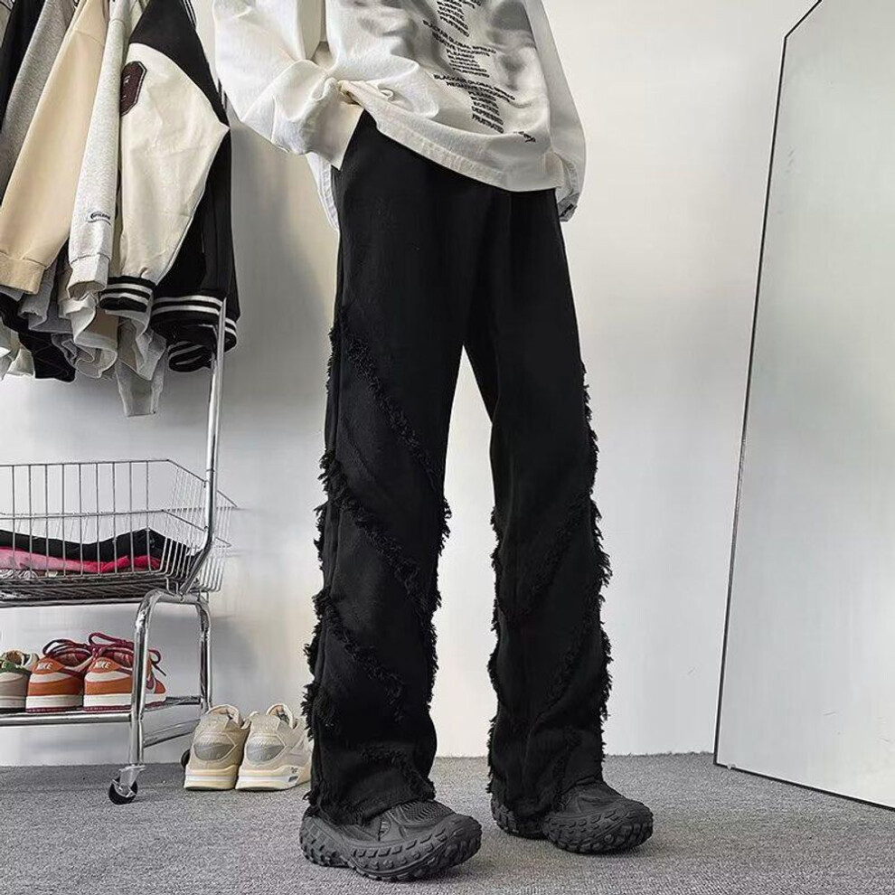 (black, 3XL) "Men's White Raw Edge Straight-Leg Jeans - Streetwear Hip-Hop Style