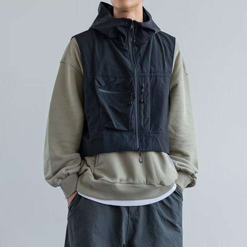 (black, L) "men's Japanese Cityboy Hooded Workwear Vest - Lightweight, Multi-pocket Design For Summer