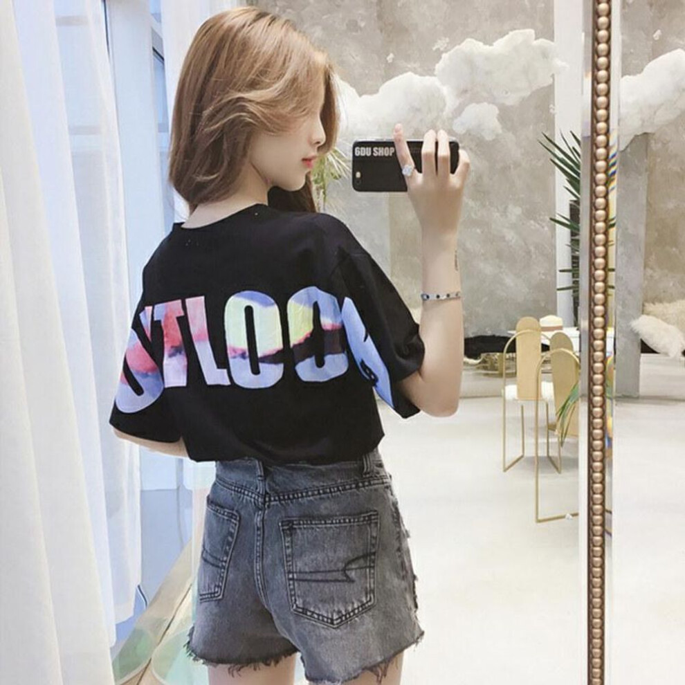 (black, XL) "2025 Summer Korean-Style Women's Loose Fit Colorful Letter Short-Sleeve T-Shirts