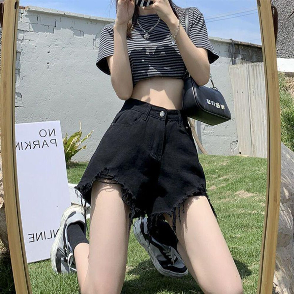 (black, 5XL) Women's Summer Thin Loose Denim Shorts: Plus Size, Raw Edge, Wide Leg, A-line, Distressed Style.