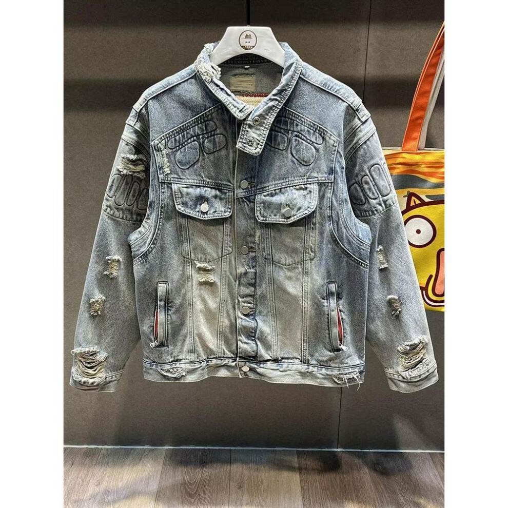 (light blue, 3XL) Men's Retro Denim Jacket: Trendy American Loose Fit For Spring, Autumn, And Winter 2024