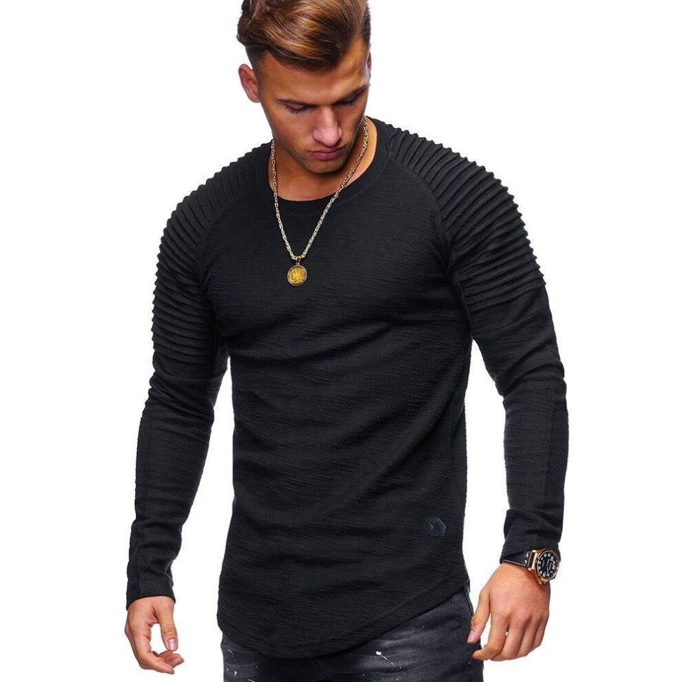(black, XXL) Men's Slim Fit Long Sleeve Raglan T-Shirt - Solid Color, Round Neck, Pleated Sleeves, Perfect for Spring & Autumn.