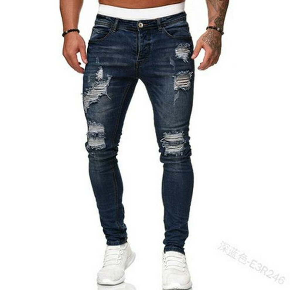 (blue,black, 3XL) "trendy Slim Men's Ripped Denim Jeans - Casual European & American Style