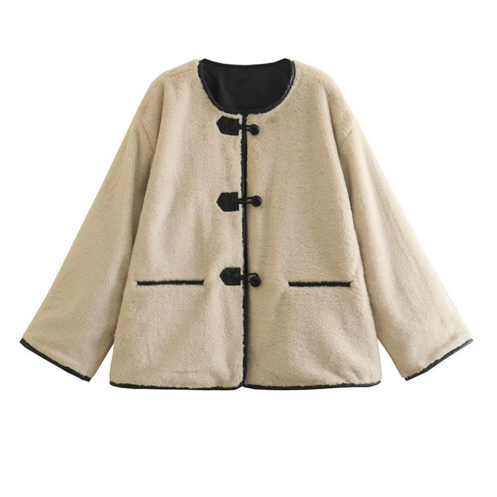 (ivory,white, L) European and American Women's 2023 ZAUAR Buttoned Decorative Faux Fur Coat