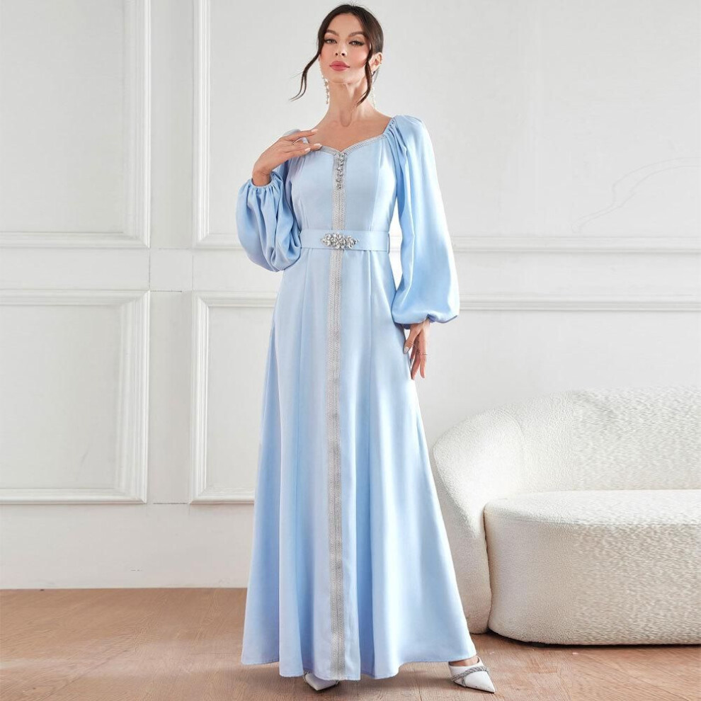 (blue, XL) Elegant High Waist Diamond Dress, Autumn 2023 Middle Eastern Muslim Fashion