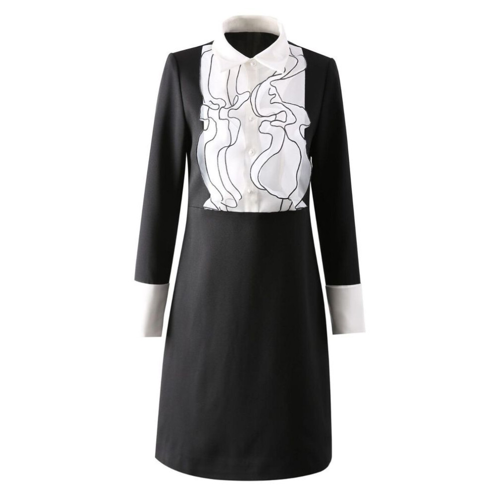 (black, Small) "guoer Clothing 2024 Spring Fashion: Age-defying Black & White Organza Skirt With Shirt Collar & Ruffled Edge