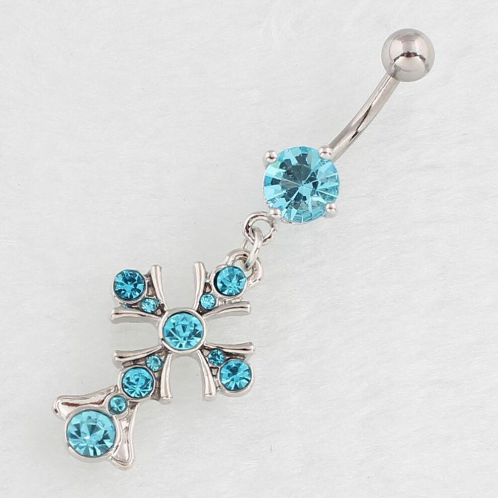 (lake blue) Hypoallergenic Stainless Steel Curved Cross Belly Button Ring Jewelry