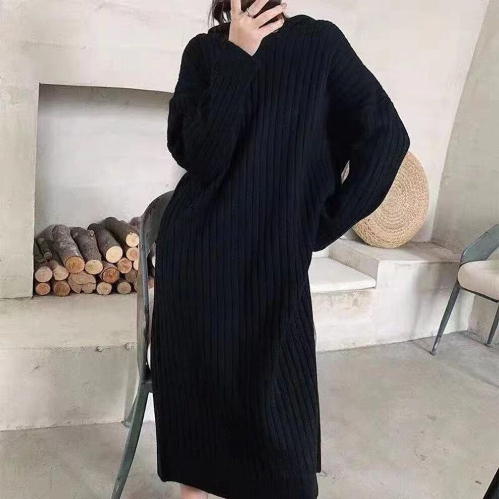(black, One Size) "women's Thick Knit Hooded Sweater Dress: Long, Loose, Casual Autumn & Winter Skirt