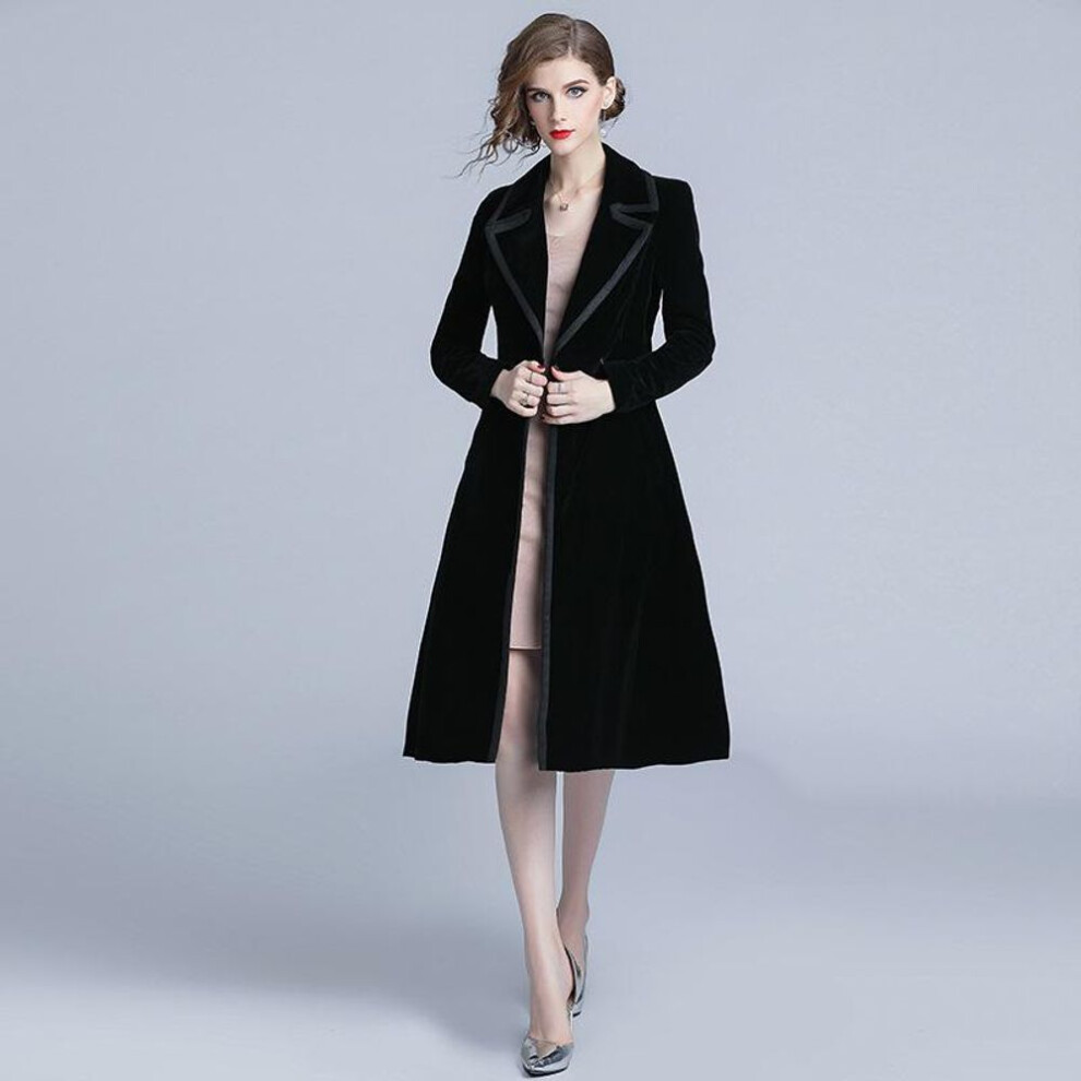 (black, Small) European Celebrity Fashion Mid-length Black Velvet Trench Coat For Women - New Spring And Autumn Goddess Style