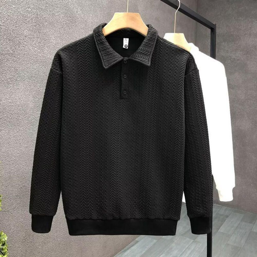 (black, 3XL) Men's Trendy Solid Color Long-Sleeve Polo Shirt - Casual Lapel Sweatshirt for Spring & Autumn