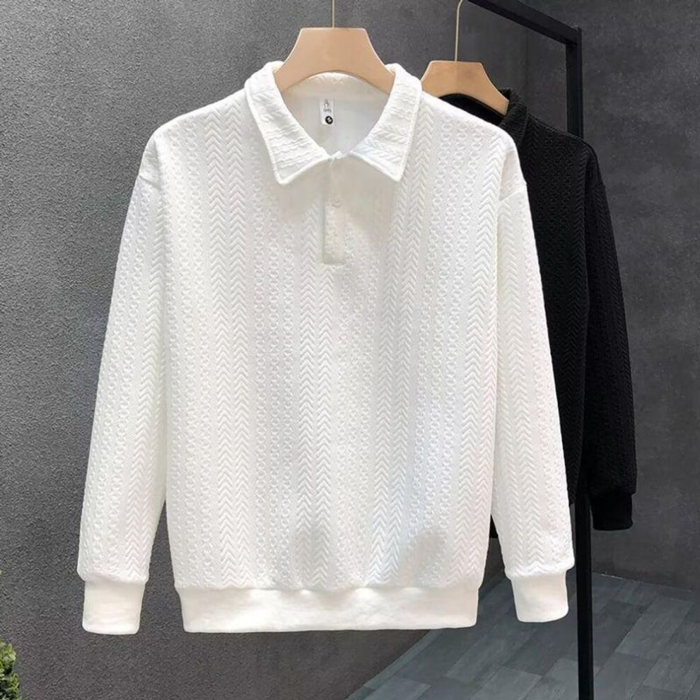 (white, M) Men's Trendy Solid Color Long-Sleeve Polo Shirt - Casual Lapel Sweatshirt for Spring & Autumn