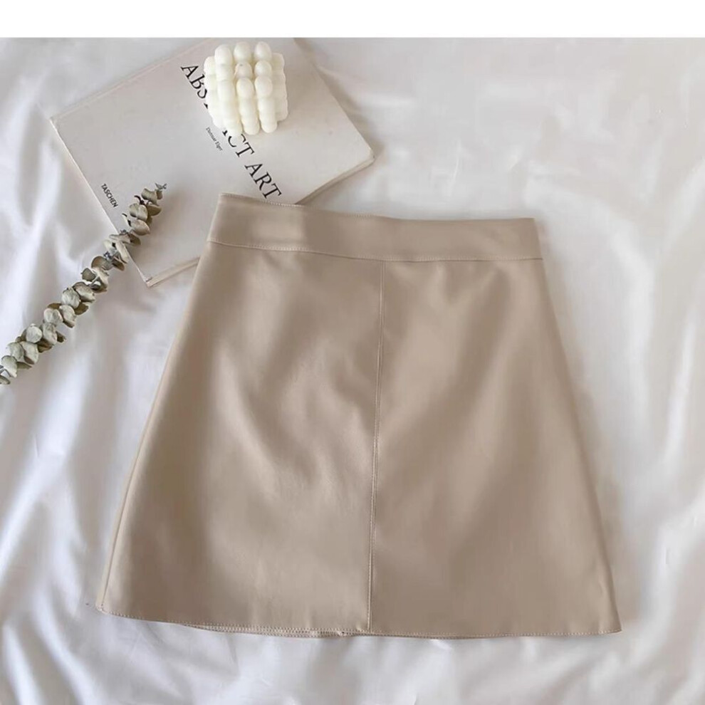 (apricot, XXL) "2023 Autumn/Winter A-Line High Waist PU Leather Skirt for Petite Women